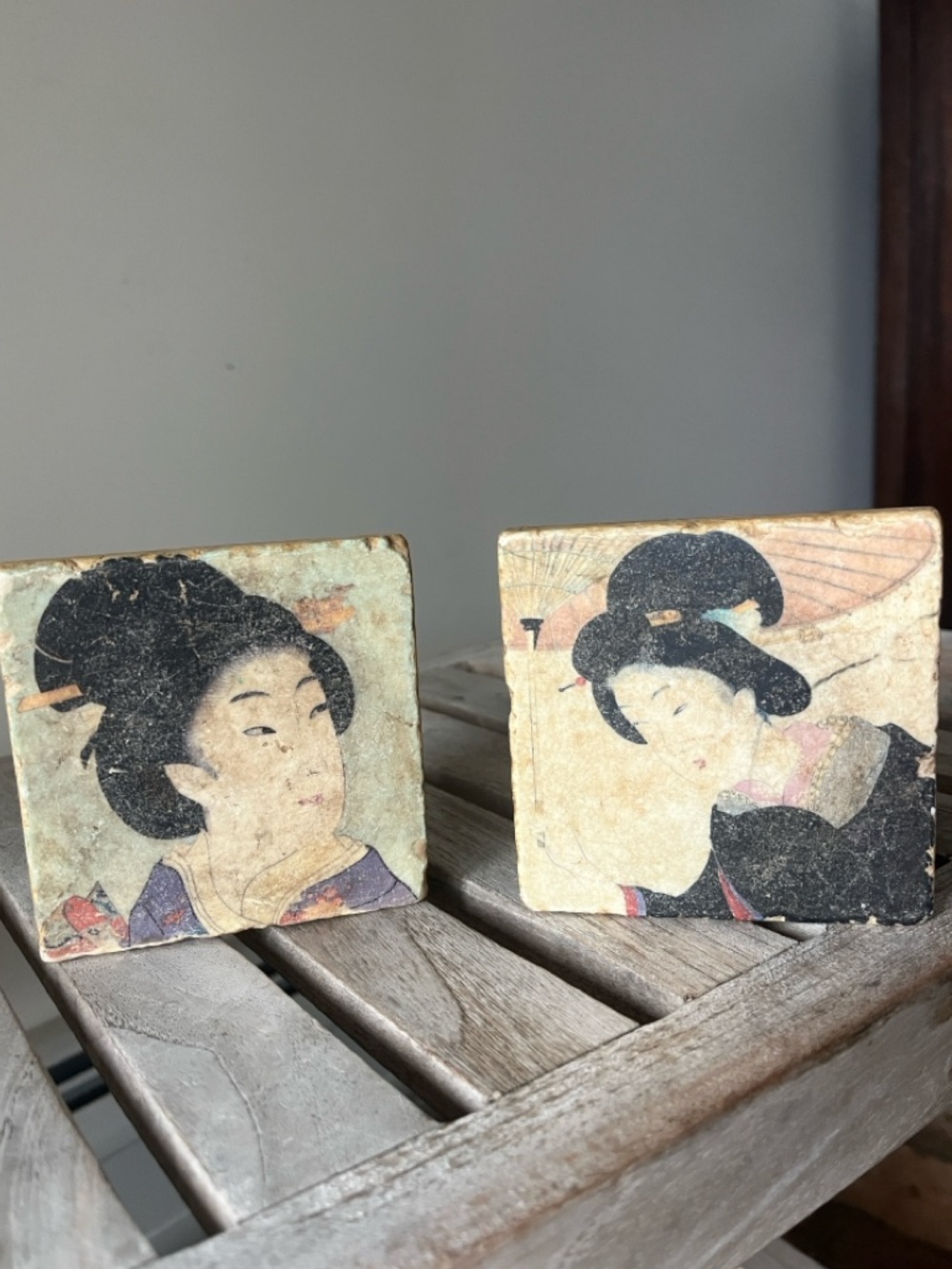 Vintage Geisha Art Stone Coasters Set of 2 Japandi Wabi Sabi Decor Cork Back